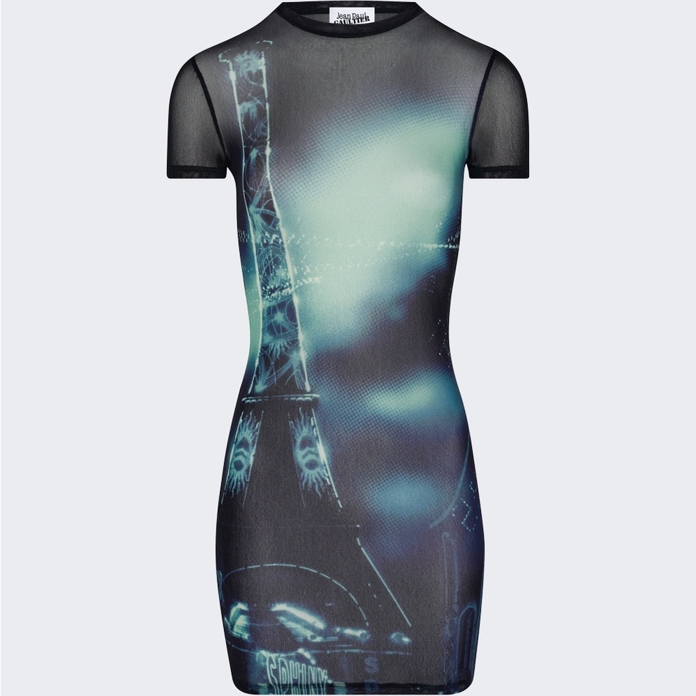 JEAN PAUL GAULTIER - Short Blue Pigalle Mesh Paris Mini Sheer Dress - Size M NWT